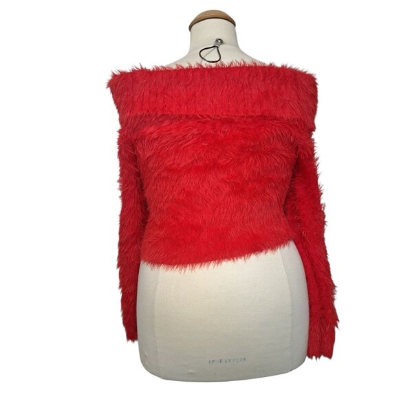 Forever 21 Plus Red Fuzzy Faux Fur Sweater Womens OX Off Shoulder Soft Knit Pull - Picture 5 of 7